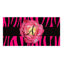 Hot pink zebra stripes monogram pink rose personalized photo card