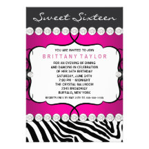 Hot Pink Zebra Sweet Sixteen Birthday Party Personalized Announcement