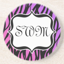 Hot Purple/Pink Zebra Stripes Monogram Beverage Coaster