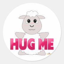 Huggable White Sheep Pink Hug Me Round Stickers