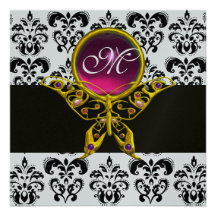 HYPER BUTTERFLY MONOGRAM,black white damask, pink Invite