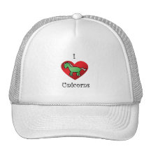 I heart unicorns in green and rainbow mesh hats