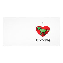 I heart unicorns in green and rainbow photo card template