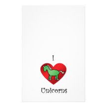 I heart unicorns in green and rainbow stationery design