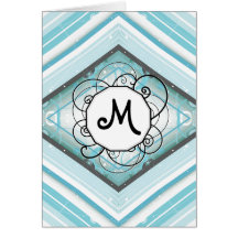 Ice Blue Modern-Retro Stripe Diamond with Monogram Greeting Cards