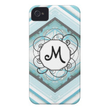 Ice Blue Modern-Retro Stripe Diamond with Monogram iPhone 4 Case-Mate Cases