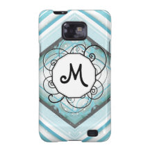Ice Blue Modern-Retro Stripe Diamond with Monogram Galaxy SII Cover