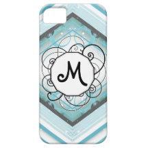 Ice Blue Modern-Retro Stripe Diamond with Monogram iPhone 5 Cover