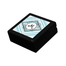 Ice Blue Modern-Retro Stripe Diamond with Monogram Trinket Box