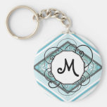 Ice Blue Modern-Retro Stripe Diamond with Monogram Key Chain