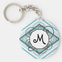 Ice Blue Modern-Retro Stripe Diamond with Monogram Key Chain