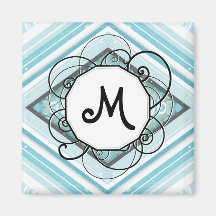 Ice Blue Modern-Retro Stripe Diamond with Monogram Refrigerator Magnets