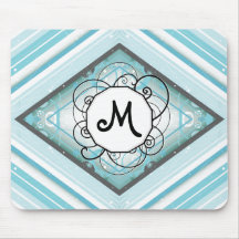 Ice Blue Modern-Retro Stripe Diamond with Monogram Mouse Pad