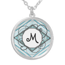 Ice Blue Modern-Retro Stripe Diamond with Monogram Personalized Necklace