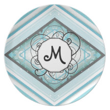 Ice Blue Modern-Retro Stripe Diamond with Monogram Dinner Plate