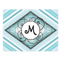 Ice Blue Modern-Retro Stripe Diamond with Monogram Post Card