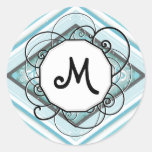 Ice Blue Modern-Retro Stripe Diamond with Monogram Round Sticker