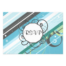 Ice Blue & Teal Modern-Retro Stripes with Monogram Invitations