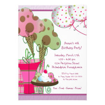 Ice Cream Cones Balloons Girls 4th Birthday Personalized Announcement