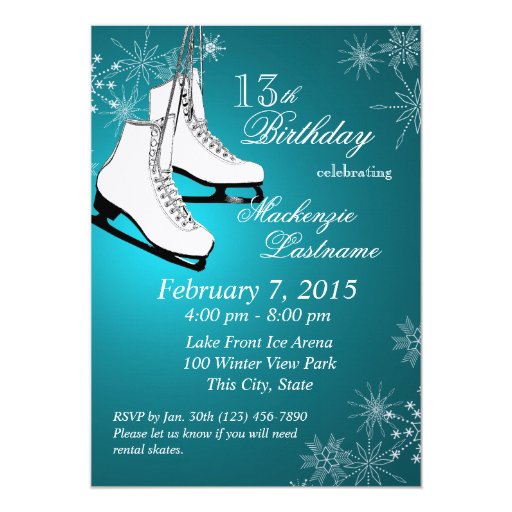 Ice Skates and Snowflakes Teal Birthday 5x7 Paper ...
