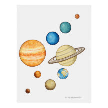 Illustration of the planets of the solar system postcards
