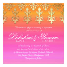 Indian Wedding Invite Damask Gold Pink Orange