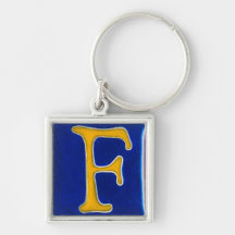 initial F keychain,  yellow gold and blue
