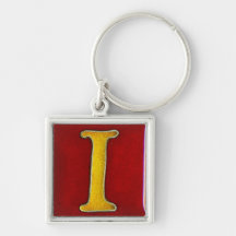 initial I keychain, cloisonne red and yellow