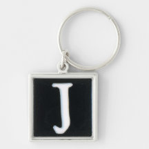 initial J keychain, cloisonne white and black