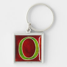 initial O keychain, cloisonne green and red