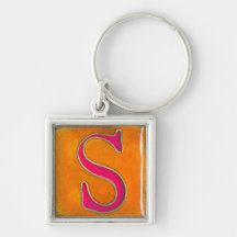 initial S keychain, cloisonne, orange and pink