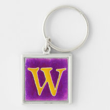 initial W keychain, cloisonne, gold and purple