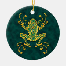 Intricate Golden Blue Tree Frog Christmas Tree Ornaments