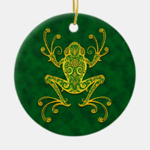 Intricate Golden Green Tree Frog Ornaments