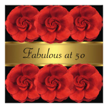 Invite Red Flowers Black Gold Fabulous 50th