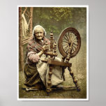 Irish Spinner and Spinning Wheel. Co. Galway, Irel Poster