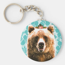 Ironic brown bear wearing garland -- keychain