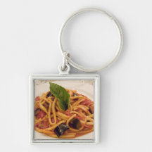 Italy, Positano. Plate of pasta and eggplant. Keychain
