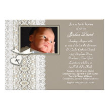 Ivory Beige Boy Photo Christening Invitations