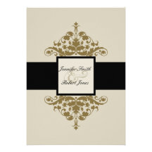 Ivory Black and Gold Damask Wedding Invitation
