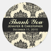 Ivory & Black Damask Round Wedding Labels Round Stickers