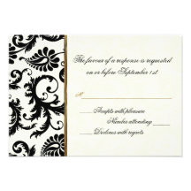 Ivory, Gold, and Black Damask Reply Card on Linen Personalised Invites