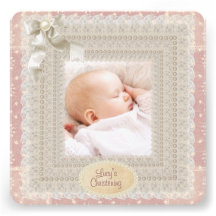 Ivory Lace Pink Pearl Girls Pink Photo Christening Custom Invitations