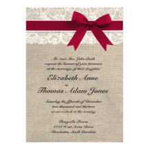 Ivory Lace Red Ribbon Burlap Wedding Invitation