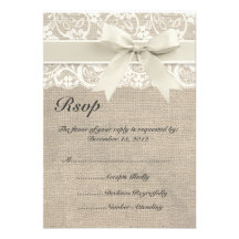 Ivory Lace Ribbon and Burlap Wedding RSVP Card Personalized Announcement