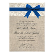 Ivory Lace Royal Blue Burlap Wedding Invitation