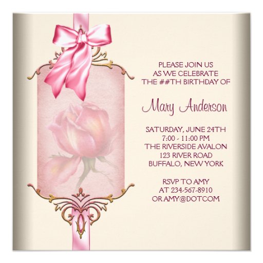 Ivory Pink Rose Womans Birthday Party Personalised Announcements