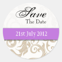 Ivory Swirl Save The Date Sticker with Purple