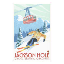Jackson Hole, Wyoming Skier and Tram Stretched Canvas Print