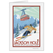 Jackson Hole, Wyoming Skier and Tram Greeting Cards